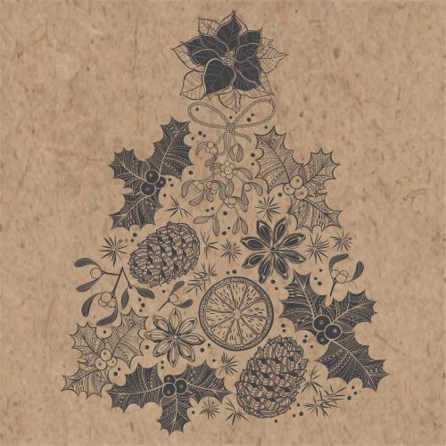 stylisierte weihnachtsbaum aus weihnachtspflanzen, zapfen und gewuerzen auf kraftpapier